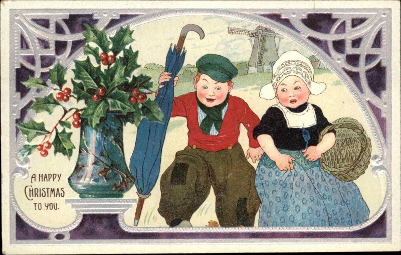 Christmas Dutch Children Boy and Girl Beautiful Vase c1910 Vintage Postcard