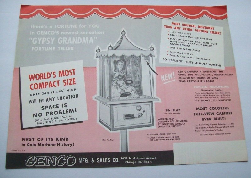 Genco Gypsy Grandma Arcade FLYER 1957 Original NOS Fortune Teller Horoscope Game