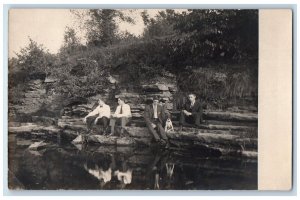 c1910's Terrier Dog Candid Young Kids Men At The River RPPC Photo Postcard 