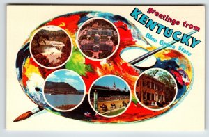 Postcard Greetings From Kentucky Chrome Paint Pallet Paintbrush Blue Grass State