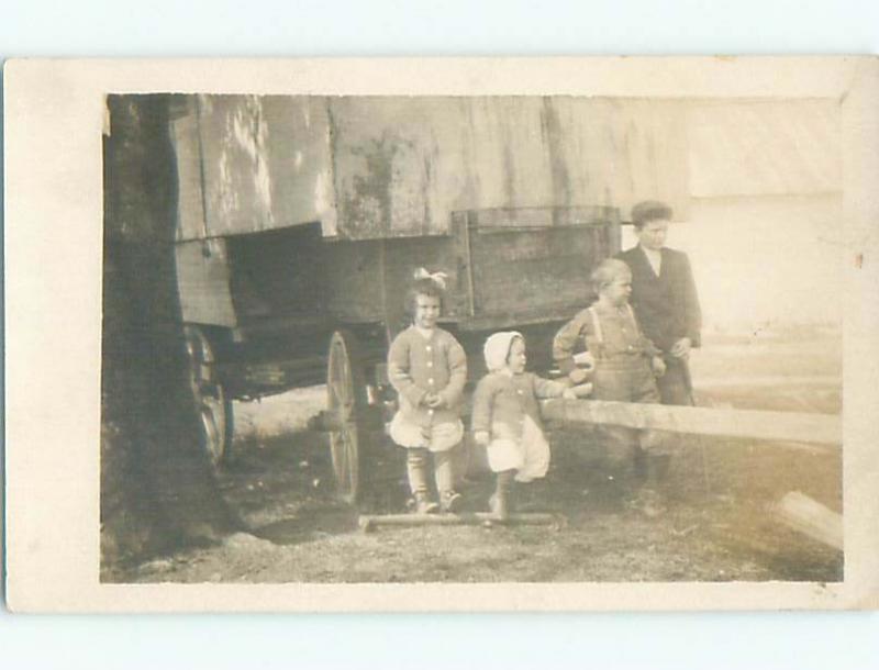 rppc Pre-1918 KIDS POSING BESIDE ANTIQUE FARM WAGON AC7756