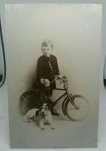 Antique Portrait RP Postcard Small Boy on Bicycle with Small Dog C1920 Newmarket