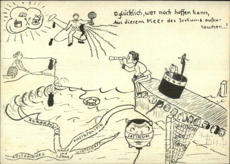 German Handmade Hand Drawn Transportation Fantasy? 1941 Postcard