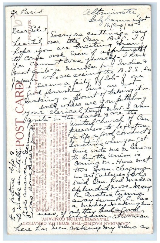 1925 Canadian Pacific Pavilion British Exhibition Canada Embossed Postcard