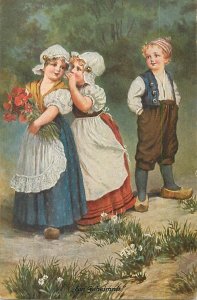 B580 Dutch folklore, children vintage fine art postcard- A secret