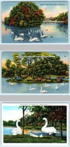 3 Postcards ASBURY PARK, New Jersey NJ ~ Swans SUNSET LAKE c1940s Linens