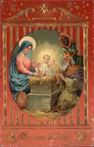 Christmas Mary Joseph Baby Jesus Gilt Inlay Gel c1910 Vintage Postcard