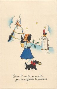 New Year greetings postcard drawn girl silhouette snowman luck dog horseshoe