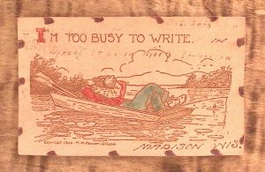 1906 FISHING BOAT TAKING A NAP HUMOROUS MADISON WI LEATHER POSTCARD P2557