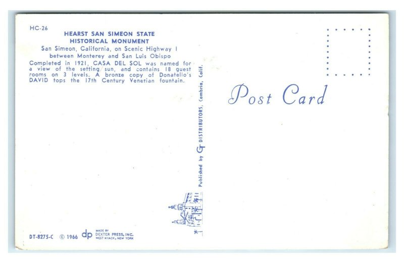 Postcard Hearst San Simeon CA - CASA DEL SOL completed in 1921 M18