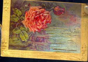 Birthday~GORGEOUS PINK ROSE AT SUNSET LAKE~GOLD Emb~Antique GEL Postcard~Germany