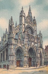 Caudebec En Caux L'Eglise Notre Dame Antique Linen Painting French Postcard