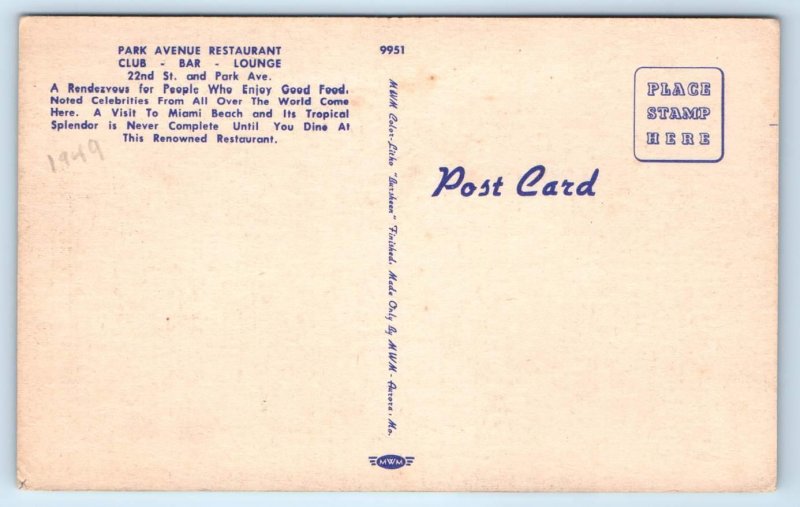 MIAMI BEACH, FL Florida~ PARK AVENUE RESTAURANT 1949 Linen Postcard