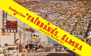 AK, Alaska FAIRBANKS Greetings AERIAL VIEW~STREET SCENE 50's Cars~Cafe Postcard