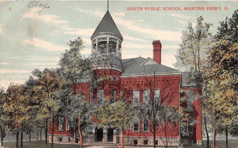 Martins Ferry Ohio~South Public School Building~c1910 Postcard