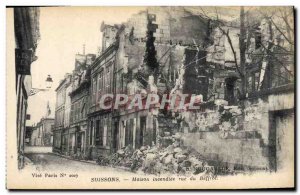 Postcard Old Army Soissons house burnt street Belfry