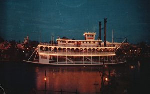 Mark Twain Thrilling Nighttime Ride Paddle-Wheel Steamboat Vintage Postcard 1952