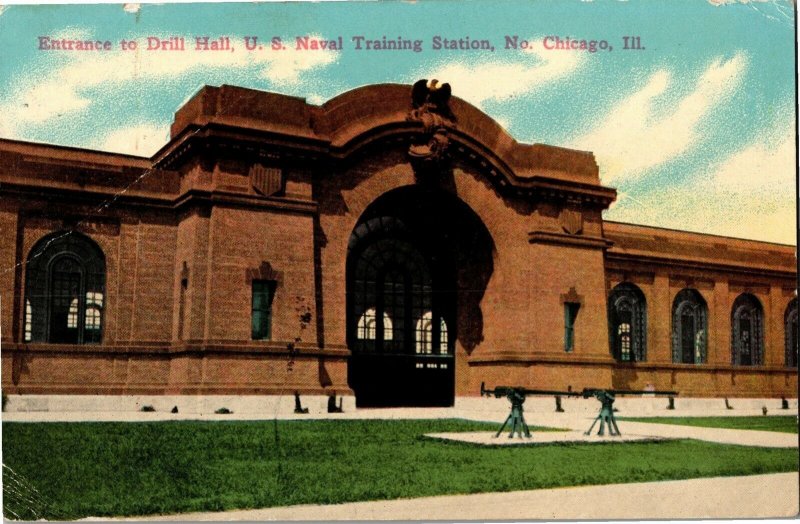 Entrance to Drill Hall, U.S. Naval Training Station Chicago IL Vtg Postcard E70