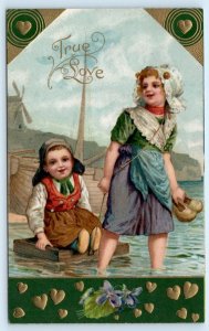 VALENTINE Greeting TRUE LOVE  Embossed DUTCH KIDS c1910s  Postcard