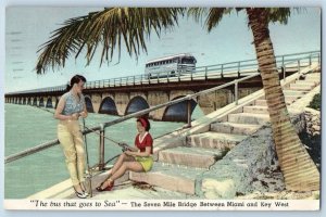 Miami Florida FL Postcard Bus Goes Sea Seven Mile Bridge Key West c1953 Vintage