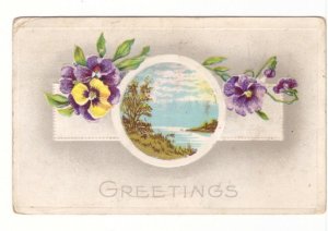 Flowers, Rural Scene, Antique 1912 Embossed Greetings Postcard