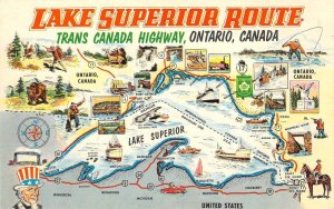 LAKE SUPERIOR ROUTE Trans Canada Highway Ontario Map c1950s Vintage Postcard