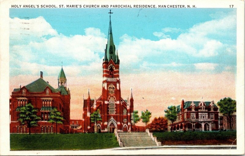 Holy Angel's School St. Marie Church and Parochial Manchester NH Postcard PM 
