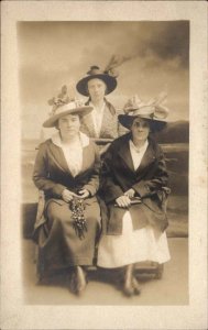 New London CT Ocean Beach Bishop Studio Women in Hats Real Photo Postcard