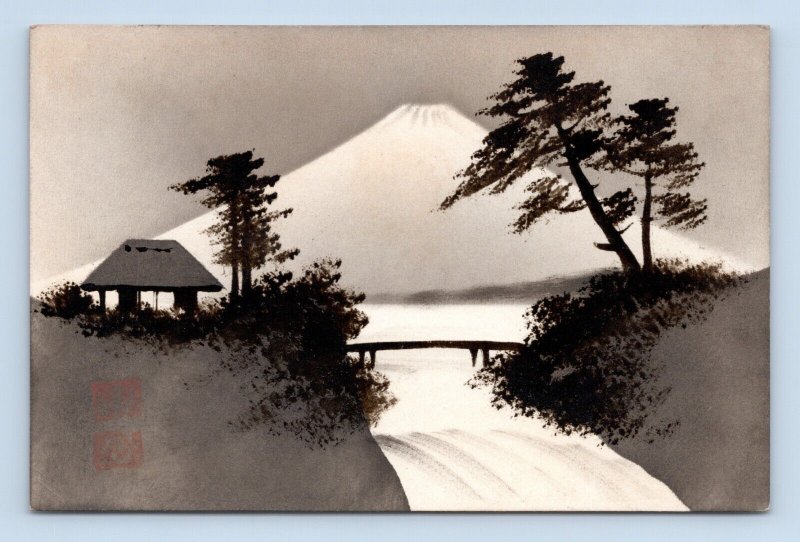 Original Art Mount Fuji Japan Painted Landscape Black Lacquer  DB Postcard E15