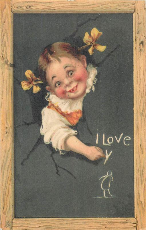 Raphael Tuck comic Valentine post card girl caricature 1908 I love y 