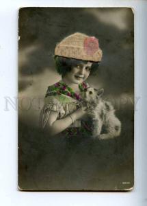 244107 FASHION Girl REAL HAT & KITTY Vintage PHOTO w/ APPLIQUE