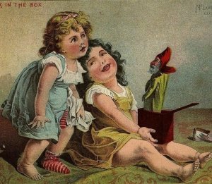 Coffee Trade Card Victorian McLaughlin's Two Little Girls & Jack In The Box 