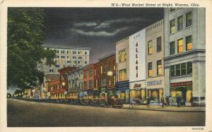 Autos 1946 WARREN OHIO Market Street Night Hunter Teich linen postcard 3666