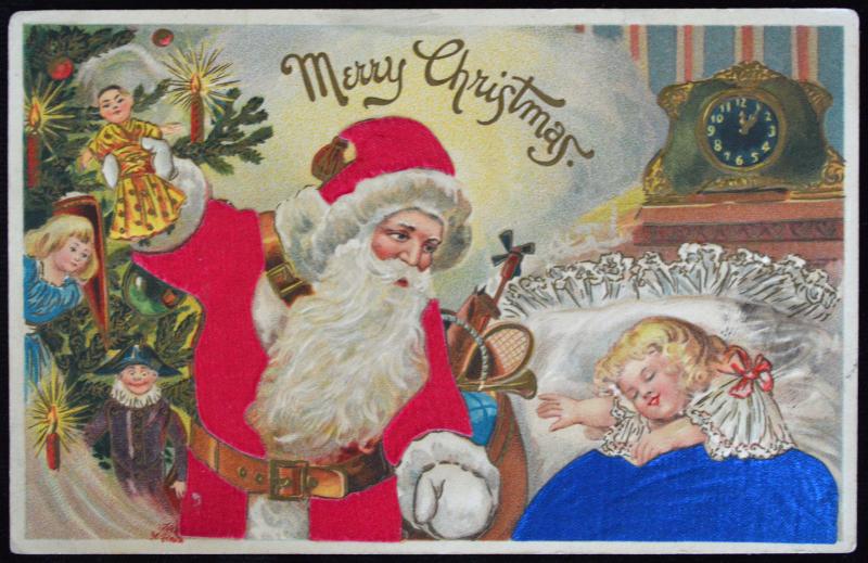 Christmas Santa Claus Silk Suit Blanket Girl Dreaming Toys Embossed Postcard