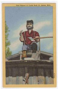 Paul Bunyan Figure Ax Castle Rock St Ignace Michigan linen postcard