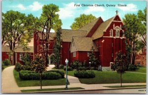 Quincy Illinois ILL, 1949 Outside of First Christian Church, Vintage Postcard