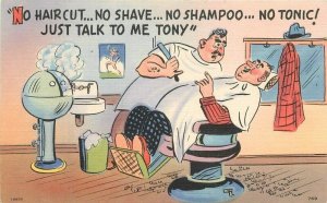 1940s Barber Shop Comic humor talk Tony Tichnor linen Postcard 22-5576