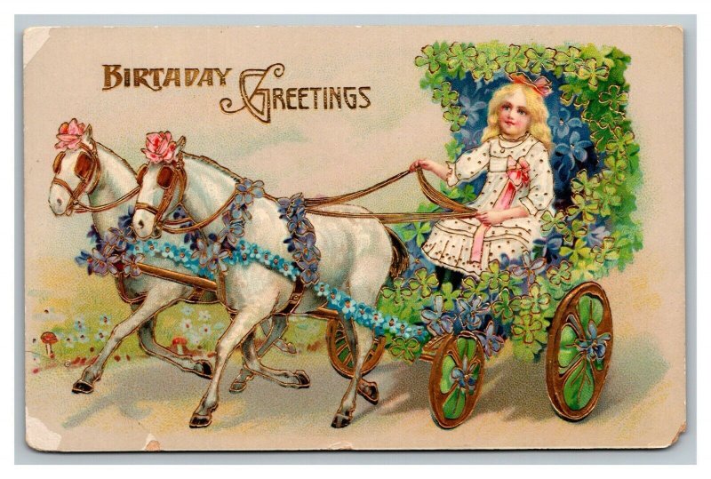 Vintage 1911 Birthday Postcard Blonde Girl in Wagon Pulled by Horses Clovers