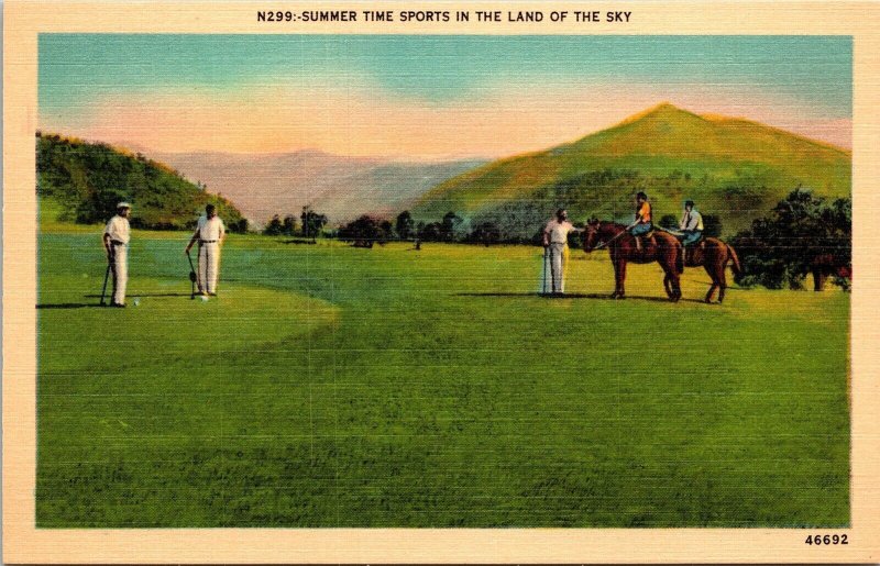 Summer Time Sports Land Sky Horses Horseback Riders Golf Golfers Linen Postcard 