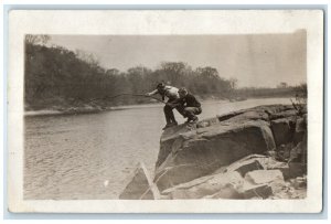 c1910's Mens Fishing Long Stick RPPC Photo Unposted Antique Postcard