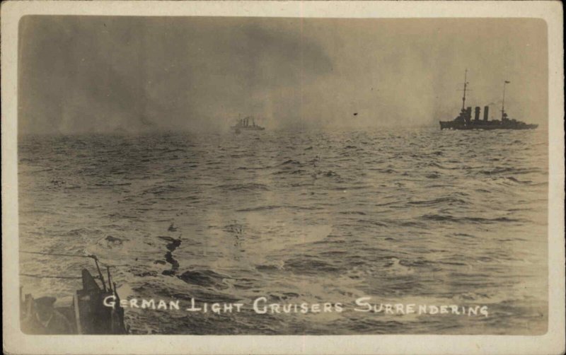 WWI German Light Cruisers Battleships Surrendering Vintage Real Photo Postcard