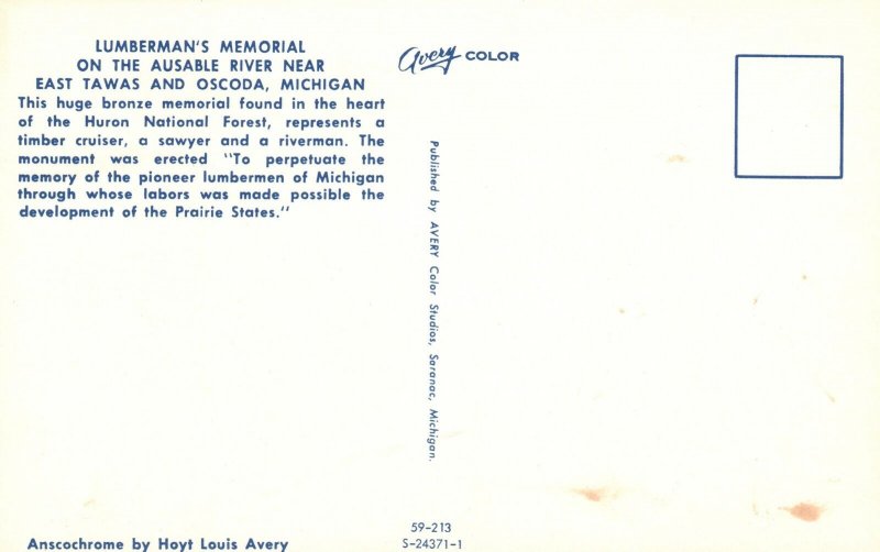 Vintage Postcard Lumberman's Memorial Ausable River East Tawas & Oscoda Michigan