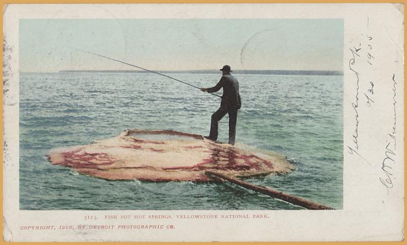 Yellowstone National Park-Man Fishing at Fish Pot Hot Springs c1900- 1905