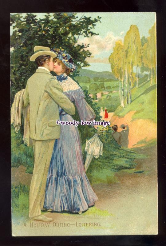 su3597 - Embossed, A Holiday Outing - Loitering  Lovers Kissing - postcard