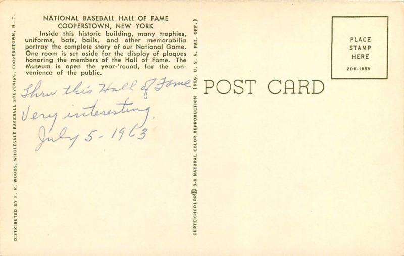 Cooperstown National Baseball Hall of Fame New York NY dated 1963 Postcard