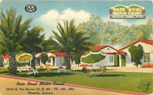 Colorpicture 1952 Rose Bowl Motor Court roadside Phoenix Arizona Postcard 8983