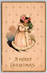 Christmas~Lil Girl In Long Fur Trimmed Coat~Mistletoe~Gold~Emboss~Langsdorf~1909