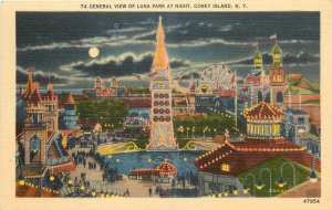 1940s Coney Island New York Luna Park at Night Manhattan people Postcard 25-1114