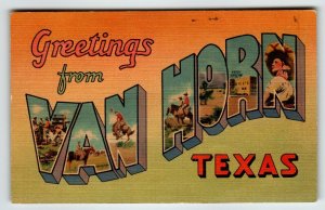 Greetings From Van Horn Texas Large Big Letter Linen Postcard 1943 Vintage