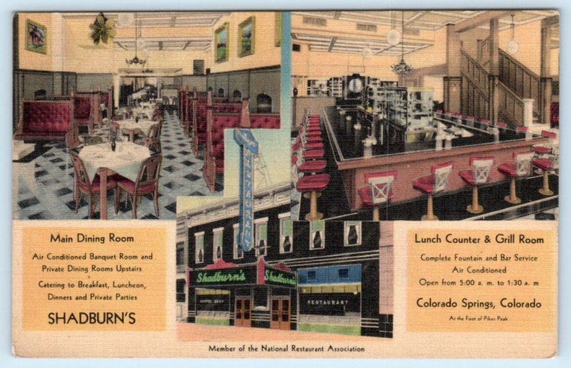 COLORADO SPRINGS, CO ~ Roadside SHADBURN'S RESTAURANT c1940s Linen Postcard